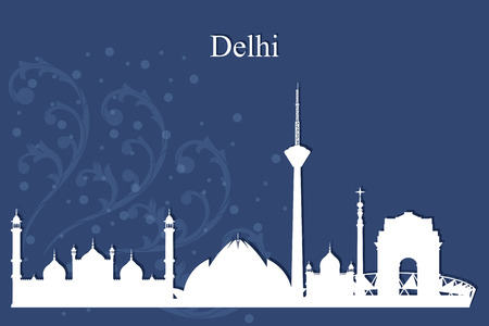 Delhi city skyline silhouette on blue background, vector illustrationのイラスト素材