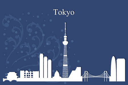 Tokyo city skyline silhouette on blue background, vector illustrationのイラスト素材