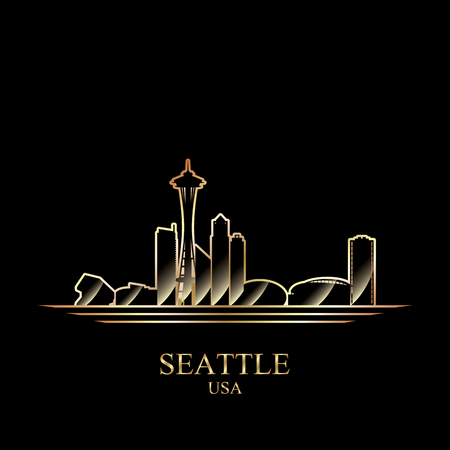 Gold silhouette of Seattle on black background, vector illustrationのイラスト素材