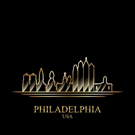 Gold silhouette of Philadelphia on black background, vector illustrationのイラスト素材
