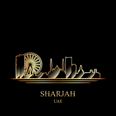 Gold silhouette of Sharjah on black background, vector illustrationのイラスト素材