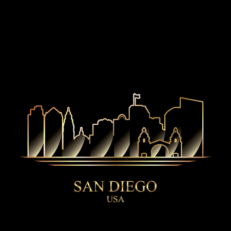 Gold silhouette of San Diego on black background, vector illustrationのイラスト素材