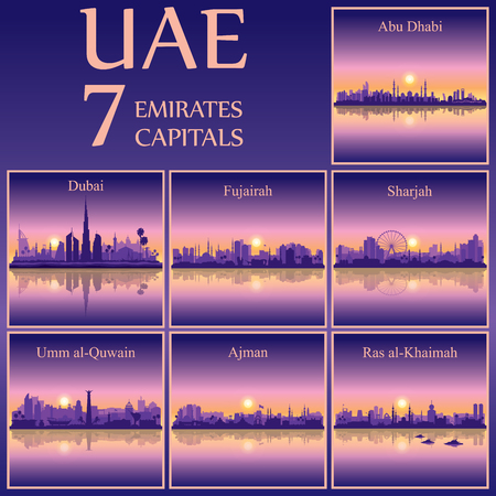 7 cities - the capitals of the United Arab Emirates, vector illustration on sunset background.のイラスト素材