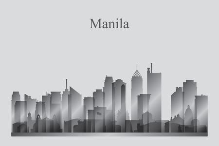 Manila city skyline silhouette in grayscale vector illustrationのイラスト素材