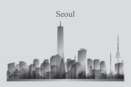 Seoul city skyline silhouette in grayscale vector illustrationのイラスト素材