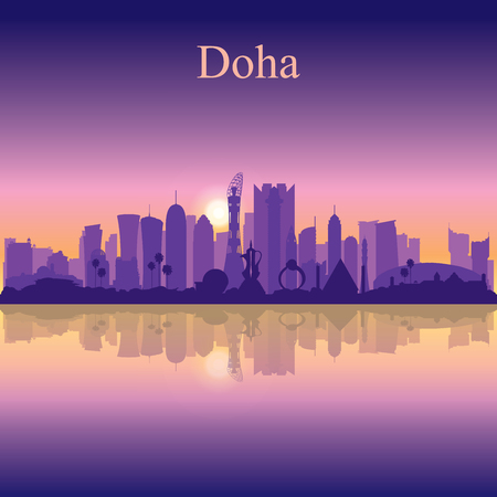 Doha city silhouette on sunset background vector illustrationのイラスト素材