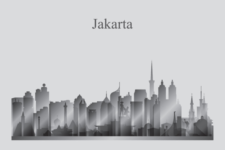 Jakarta city skyline silhouette in grayscale vector illustrationのイラスト素材
