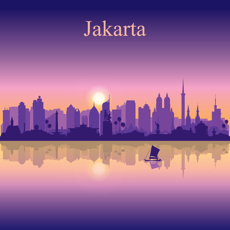 Jakarta city silhouette on sunset background vector illustrationのイラスト素材