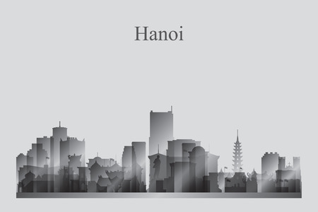 Hanoi city skyline silhouette in grayscale vector illustrationのイラスト素材