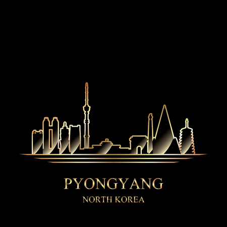 Gold silhouette of Pyongyang on black background vector illustrationのイラスト素材