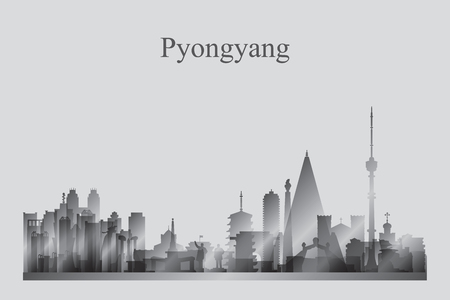 Pyongyang city skyline silhouette in grayscale vector illustrationのイラスト素材