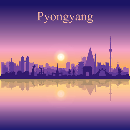 Pyongyang city silhouette on sunset background vector illustrationのイラスト素材
