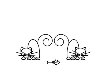 Cat Print. Funny kittens playing with a fish. Minimalist Art. Vector illustration.のイラスト素材
