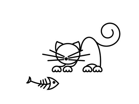 Cat Print. Funny kitten playing with a fish. Minimalist Art. Vector illustration.のイラスト素材