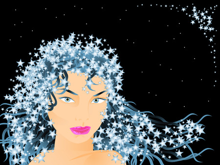 The girl's face against the starry sky. In her hair entangled stars.のイラスト素材