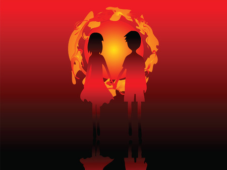 Romantic couple. Love the boy and girl on the background of the setting sun.のイラスト素材
