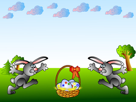 Easter background. Two rabbits and eggs in basket. のイラスト素材