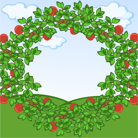 Framework from apple-tree branches. A background.  A rural landscape.のイラスト素材