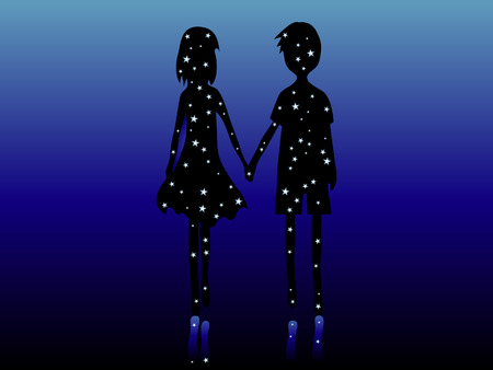Romantic couple. Love the boy and girl.  Starry sky.のイラスト素材