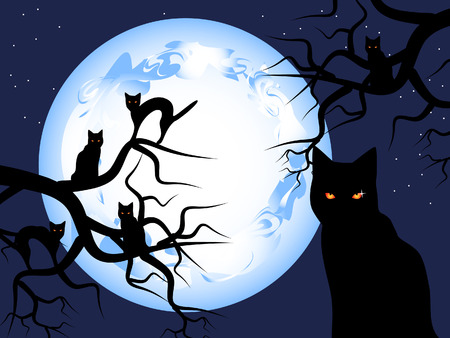 Halloween. Mystical night. The mysterious moon in the sky. Black cats sit on trees.のイラスト素材