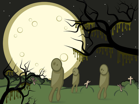 Halloween. Gloomy night. A full moon. On a cemetery zombies wander.のイラスト素材