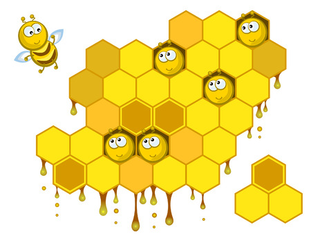 Comical bees sit in honeycombs. One bee calls them to collect medical. Isolated.のイラスト素材