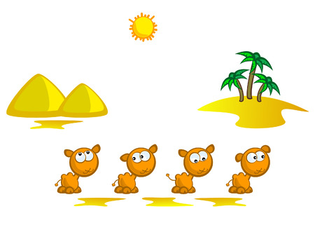 Caravan of camels going through the desert. The background of the pyramids and palm trees. Isolated. Comical.のイラスト素材