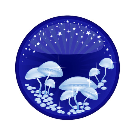 Night mysterious glittering background. Magic mushrooms. Blue. Isolated.のイラスト素材
