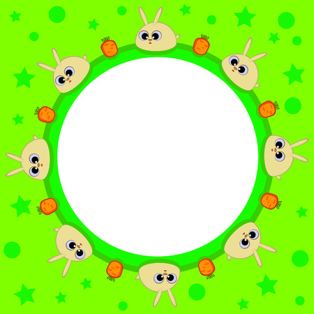 Within a round shape. Children. Green. Cute bunnies and carrots. Easter.のイラスト素材