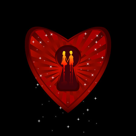 On a black background image of the heart. Inside it, a couple in love. Silhouette of boy and girl. Isolated. Valentine's Day.のイラスト素材
