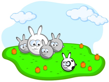 Family of rabbits in a meadow with carrots. Separately, sits another rabbit is not like them. のイラスト素材