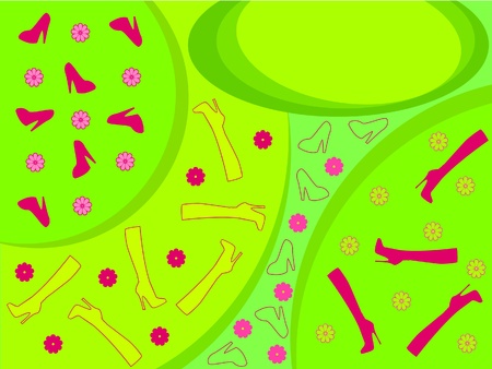 background of shoes and boots. Green and pink color.のイラスト素材