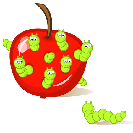 Funny caterpillar sitting in an apple. One larva looks at them from the side. An isolated figure. Comics.のイラスト素材