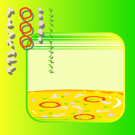Ingredients for cooking and ready meal of them. Vector green background. Mushroom soup. Vegetable stew. Vegetarian.のイラスト素材