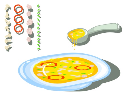 Ingredients for cooking and ready meal of them. Vector isolated. Mushroom soup. Vegetable stew. Vegetarian.のイラスト素材