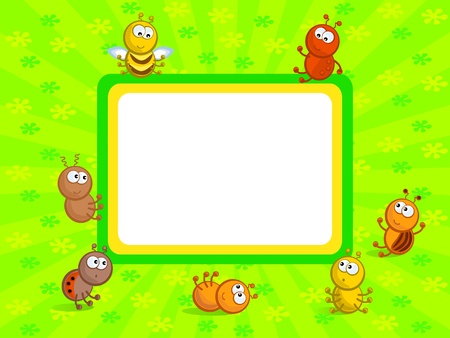 Cheerful comical insects in different poses. Background green. Frame.のイラスト素材