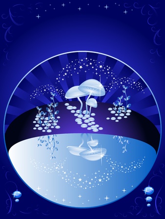 Vector background blue. The beautiful night scenery. The sky, magic lake, reflection. Halloween.のイラスト素材
