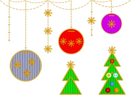 A set of Christmas embroidery. The stitches of gold threads with velvet fabric and buttons. Vector Isolated on white background.のイラスト素材