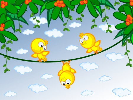 Three cheerful canary on a branch  One of them is sitting upside down  Children s cartoon scene のイラスト素材