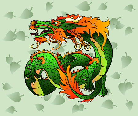 Artful green (and red) wood Asian dragon (or Celtic dragon) against green leavesのイラスト素材
