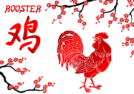Fervent red rooster and oriental cherry branch on white background. Fiery rooster, chicken a symbol of the Chinese new year 2017のイラスト素材
