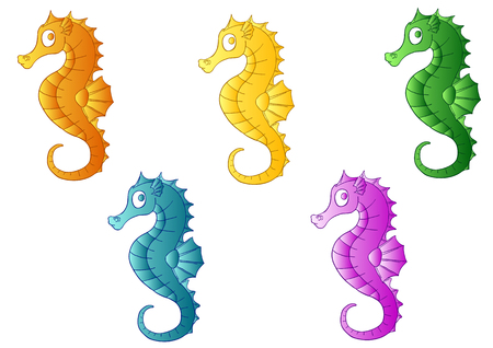 Set of five lovely sea horses of different flowers, blue, green, orange, pink and yellowのイラスト素材