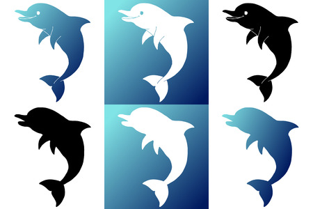 Set six silhouette dolphin white, black and blue on white and blue backgroundのイラスト素材