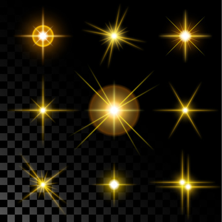 Set of the realistic sparkling gold star fires and flashes on a transparent background a vector illustration.