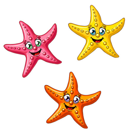 Three multi-colored cheerful cute starfishes on a white background. Red, yellow and orange cartoon starfishes.のイラスト素材