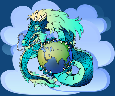Wise blue water east dragon holds in hand the earth against cloudsのイラスト素材