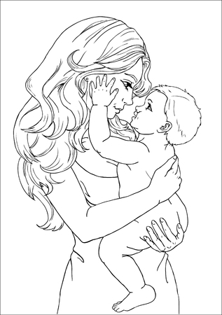 The woman, mother holds on hands of the kid and they happily and joyfully look at each other contour line on white backgroundのイラスト素材