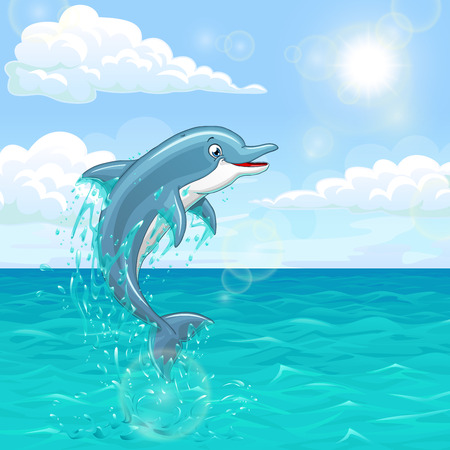 The dolphin who is jumping out of sea water of the ocean in splashes against the blue sky and the sun. Landscape of summer mood.のイラスト素材