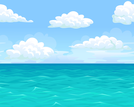 Sea summer landscape seamless background for game. Ocean, blue waves, sky, clouds, horizon.のイラスト素材