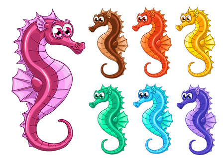 Set seven lovely cute iridescent sea horses also known as hippocampus on a white backgroundのイラスト素材